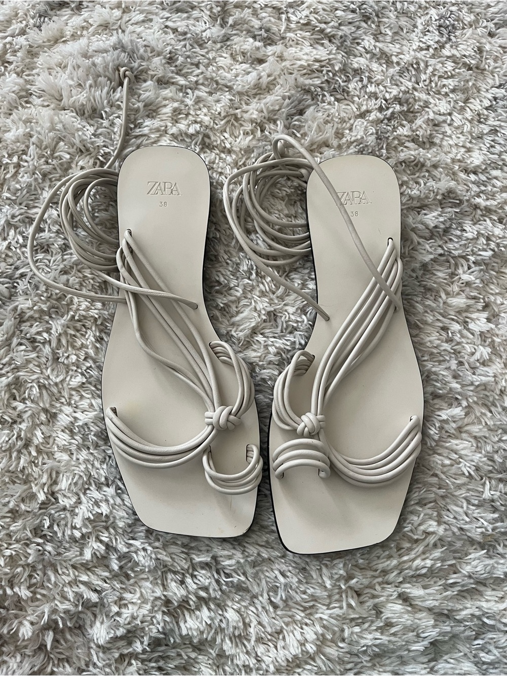 Zara Beige Lace-Up Knotted Flat Sandals